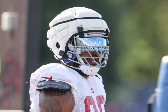 Aug 1, 2023; East Rutherford, NJ, USA; New York Giants defensive tackle Jordon Riley (95) participates in drills during training camp at the Quest Diagnostics Training Facility.